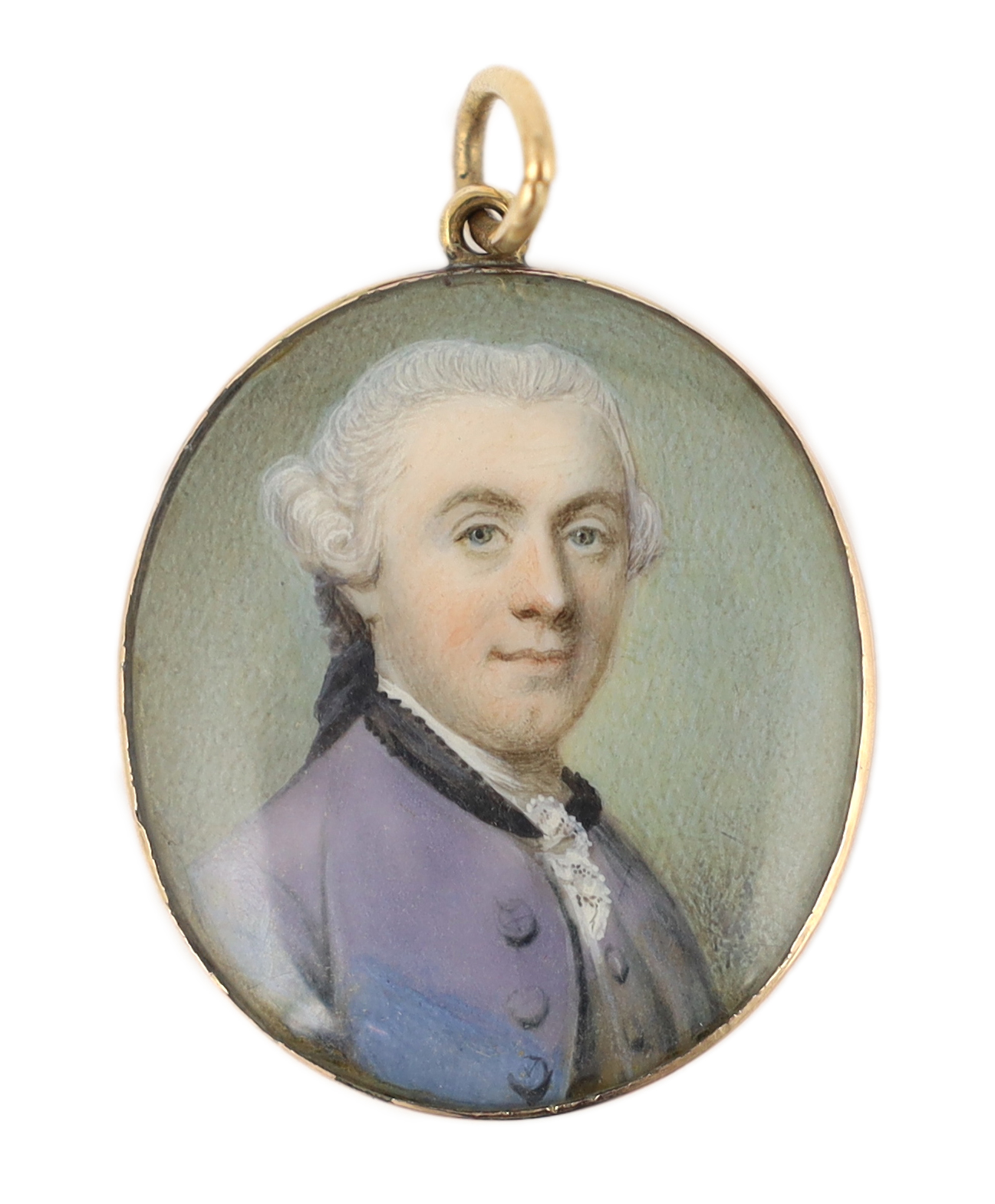 Jeremiah Meyer, R.A. (Anglo-German, 1735-1789), Portrait miniature of a gentleman, watercolour on ivory, 3.2 x 2.7cm. CITES Submission reference 1ZSFSFH4